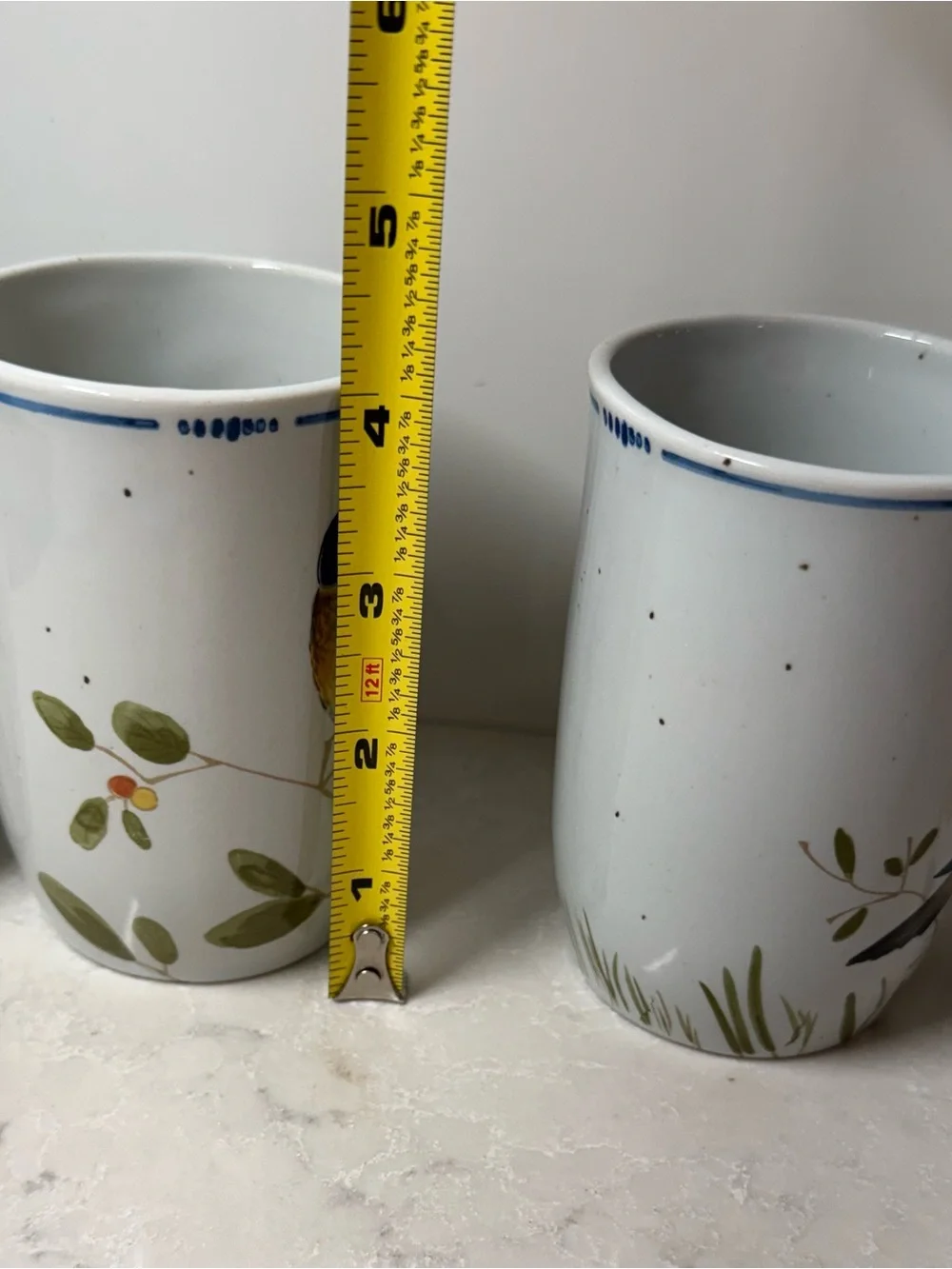 Fitz and Floyd Hand-Painted Bird Mugs in Blue, Yellow & Green